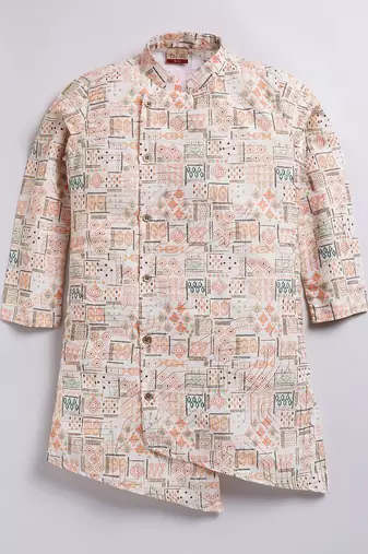 Cotton knit full sleeves all over printed kurta - orange