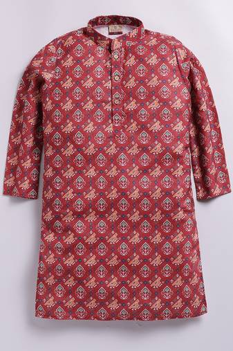 Cotton knit full sleeves all over printed kurta - red