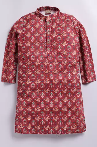 Cotton knit full sleeves all over printed kurta - red