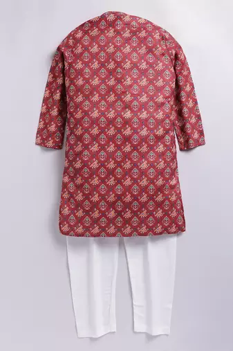 Cotton knit full sleeves all over printed kurta - red