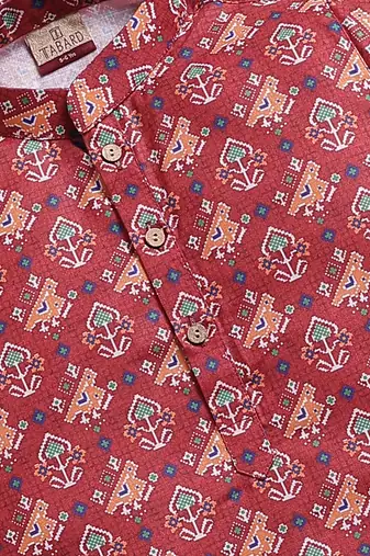 Cotton knit full sleeves all over printed kurta - red