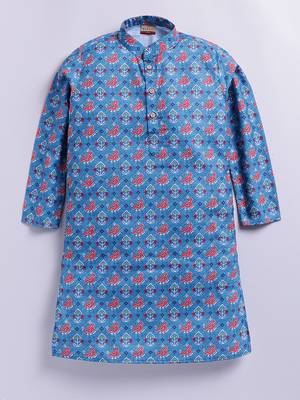 Cotton knit full sleeves all over printed kurta - blue 1