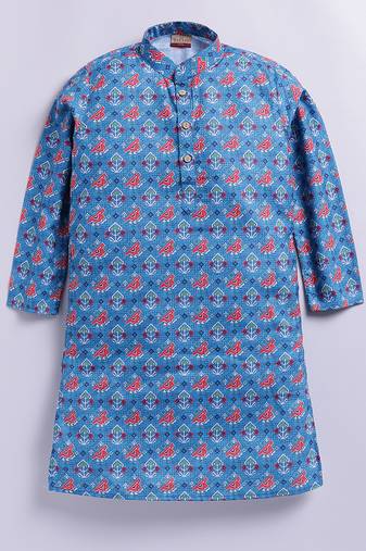 Cotton knit full sleeves all over printed kurta - blue