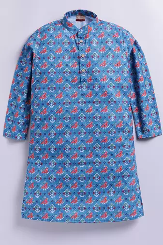 Cotton knit full sleeves all over printed kurta - blue
