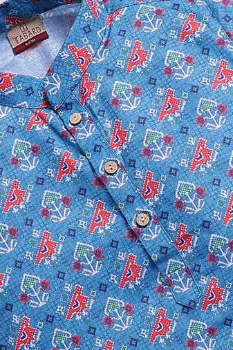 Cotton knit full sleeves all over printed kurta - blue