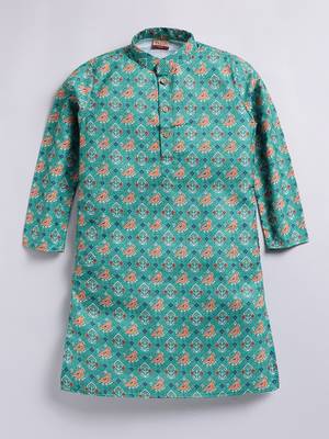 Cotton knit full sleeves all over printed kurta - green 1
