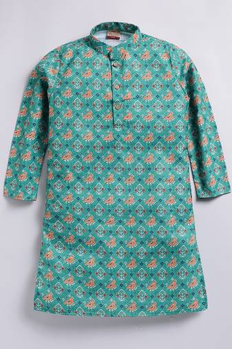 Cotton knit full sleeves all over printed kurta - green