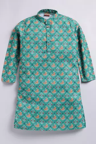 Cotton knit full sleeves all over printed kurta - green