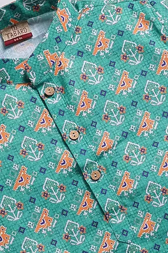 Cotton knit full sleeves all over printed kurta - green