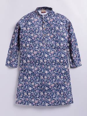Cotton knit full sleeves all over printed kurta - blue 1