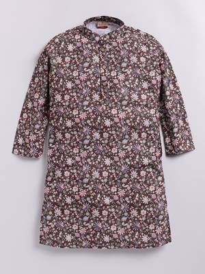 Cotton knit full sleeves all over printed kurta - brown 1