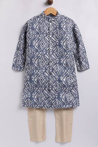 Cotton knit full sleeves all over printed kurta pyjama set - blue