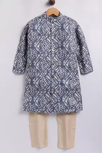 Cotton knit full sleeves all over printed kurta pyjama set - blue