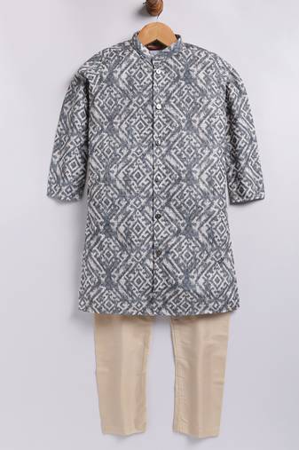 Cotton knit full sleeves all over printed kurta pyjama set - grey