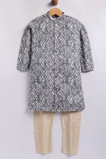 Cotton knit full sleeves all over printed kurta pyjama set - grey
