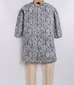 Cotton knit full sleeves all over printed kurta pyjama set - grey