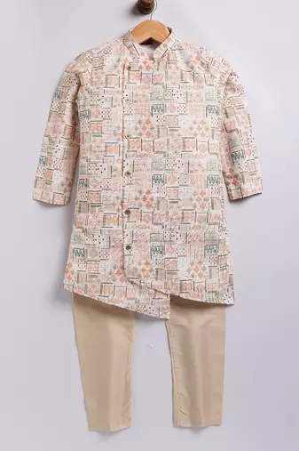 Cotton knit full sleeves all over printed kurta pyjama set - orange