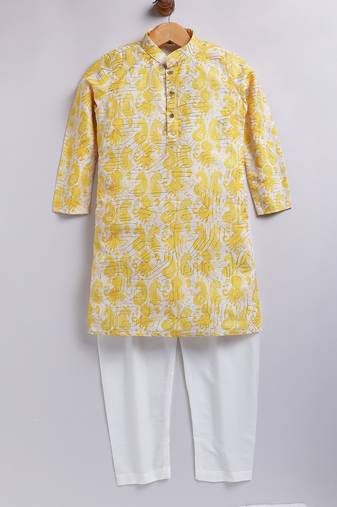 Cotton knit full sleeves all over printed kurta pyjama set - yellow