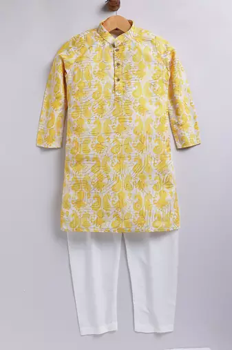 Cotton knit full sleeves all over printed kurta pyjama set - yellow