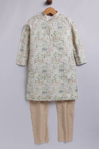 Cotton knit full sleeves all over printed kurta pyjama set - green