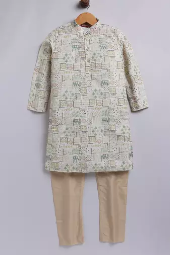 Cotton knit full sleeves all over printed kurta pyjama set - green