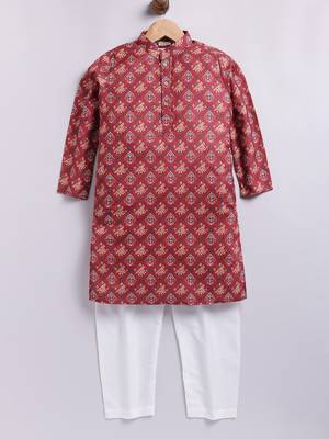 Cotton knit full sleeves all over printed kurta pyjama set - red 1