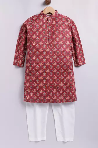 Cotton knit full sleeves all over printed kurta pyjama set - red