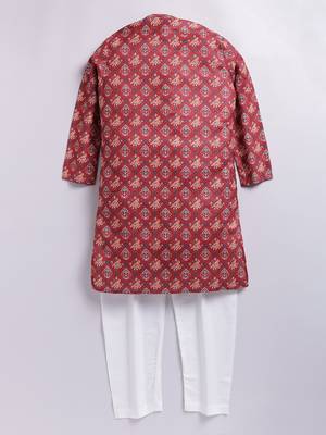 Cotton knit full sleeves all over printed kurta pyjama set - red 2