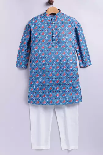 Cotton knit full sleeves all over printed kurta pyjama set - blue