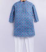 Cotton knit full sleeves all over printed kurta pyjama set - blue