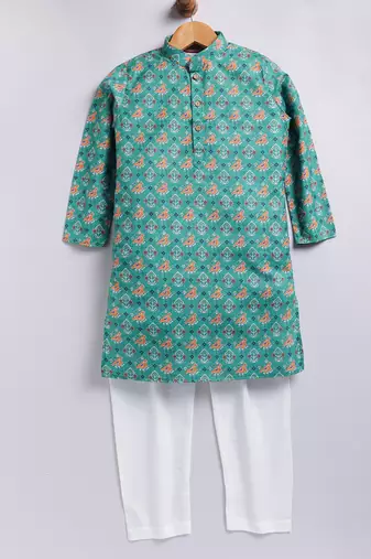Cotton knit full sleeves all over printed kurta pyjama set - green