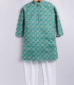 Cotton knit full sleeves all over printed kurta pyjama set - green