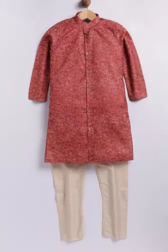 Cotton knit full sleeves all over printed kurta pyjama set - rust
