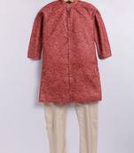Cotton knit full sleeves all over printed kurta pyjama set - rust