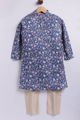 Cotton knit full sleeves all over printed kurta pyjama set - blue