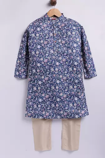 Cotton knit full sleeves all over printed kurta pyjama set - blue