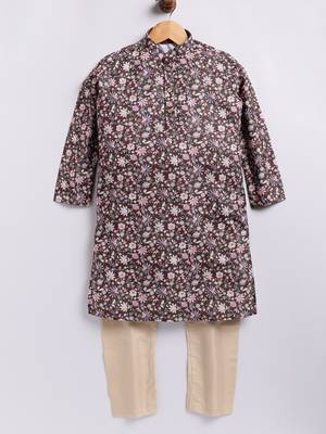 Cotton knit full sleeves all over printed kurta pyjama set - Brown 1