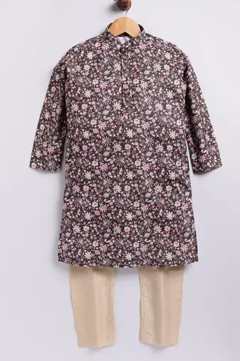 Cotton knit full sleeves all over printed kurta pyjama set - Brown