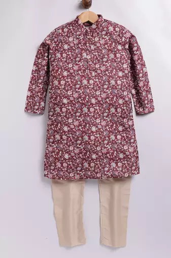 Cotton knit full sleeves all over printed kurta pyjama set - maroon