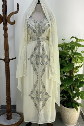 White Embroidered Stitched Kaftan with Stone Work and Belt 