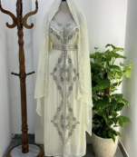 White Embroidered Stitched Kaftan with Stone Work and Belt 