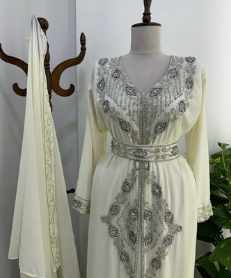 White Embroidered Stitched Kaftan with Stone Work and Belt  2