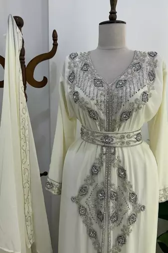 White Embroidered Stitched Kaftan with Stone Work and Belt 