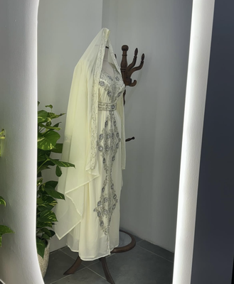 White Embroidered Stitched Kaftan with Stone Work and Belt  3