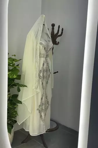 White Embroidered Stitched Kaftan with Stone Work and Belt 