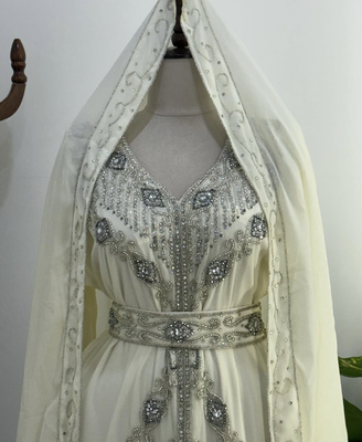 White Embroidered Stitched Kaftan with Stone Work and Belt  4