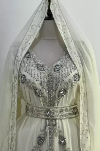 White Embroidered Stitched Kaftan with Stone Work and Belt 