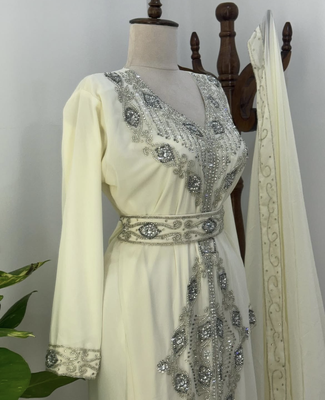 White Embroidered Stitched Kaftan with Stone Work and Belt  5