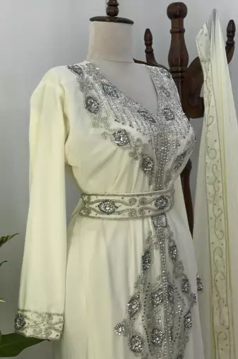 White Embroidered Stitched Kaftan with Stone Work and Belt 