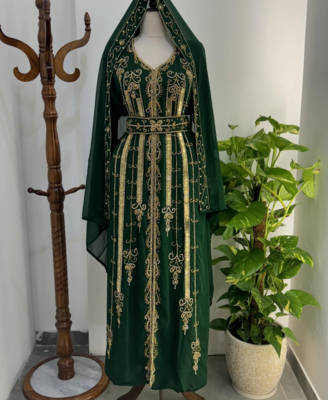 Green Embroidered Stitched Kaftan with Golden Thread Work and Belt 1